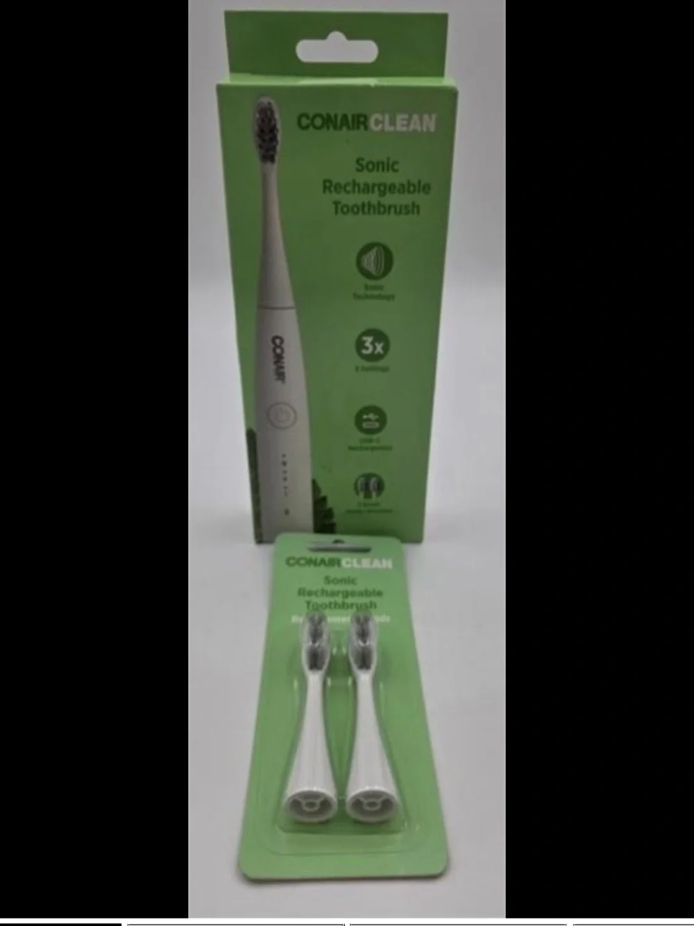 Conair Clean Sonic Rechargeable Toothbrush w/ 2 Replacement Heads NIB